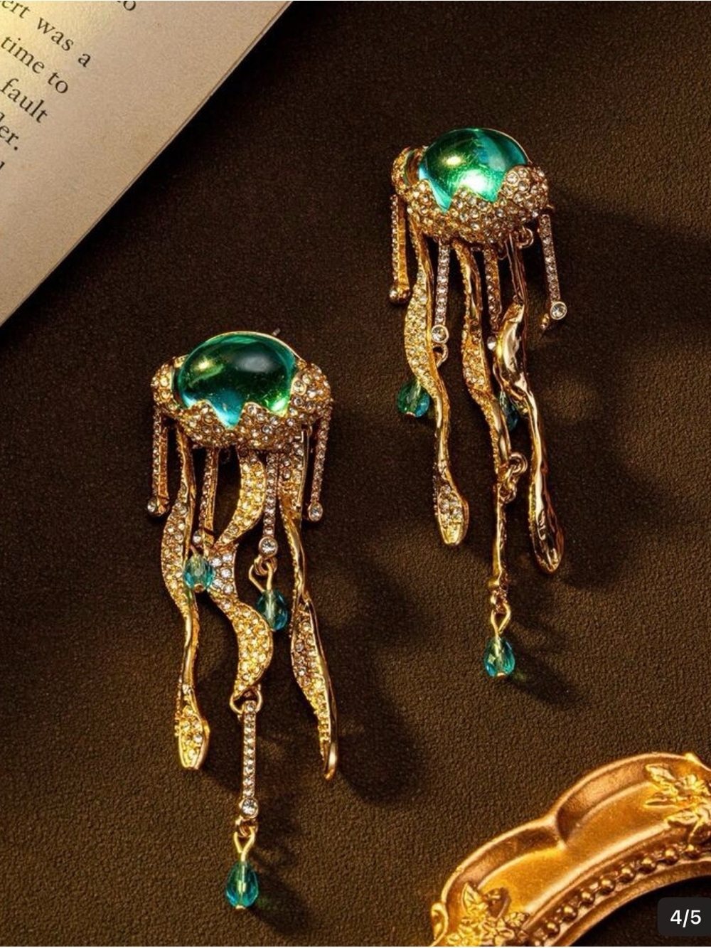 Elegant Gold-Plated Green Crystal Jelly Fish Earrings. Very unique